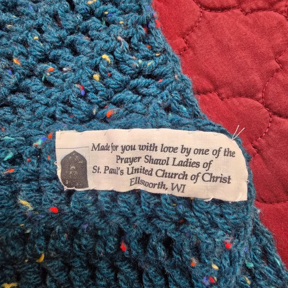 Handmade Crochet Prayer Shawl Blanket Throw Blue Green Speckled 52